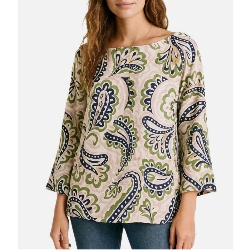Boden Laurie Linen Boatneck Paisley Print Blouse Size 14 US